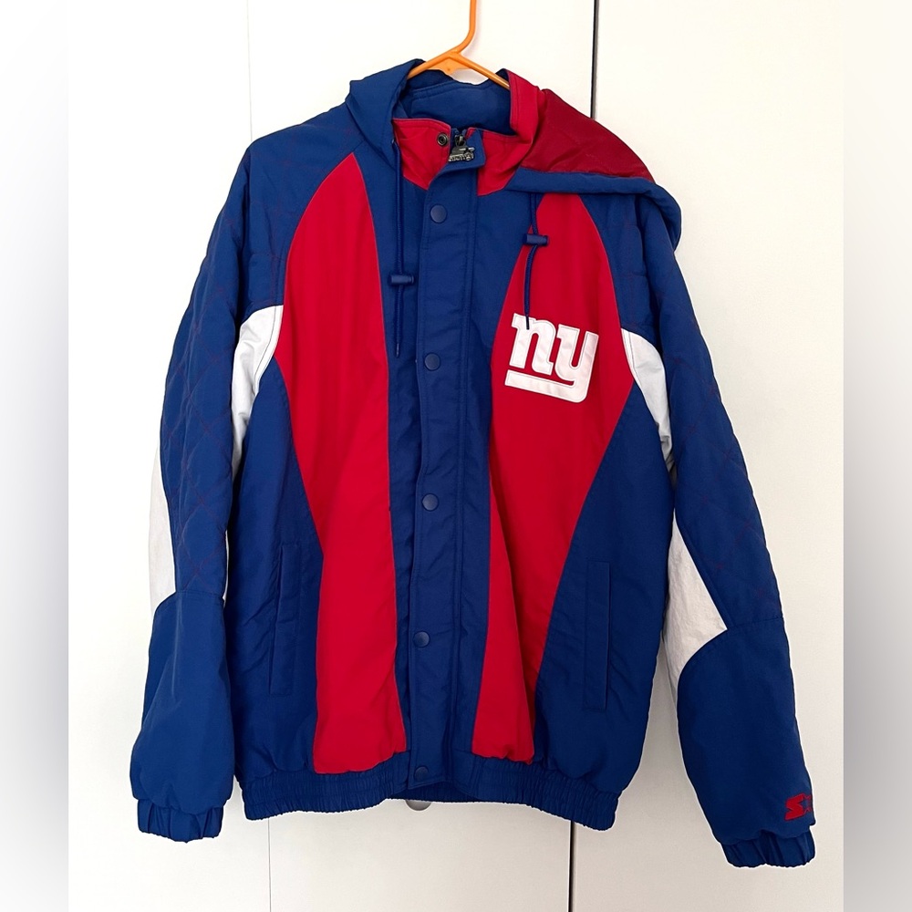 NYG New York Giants starter full zip with button closures jacket with hood. Sz L
